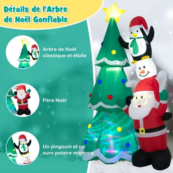 Décoration de Noël Gonflable Sapin de Noël 266cm avec Père Noël Bonhomme de Neige et Pingouin Lumière Disco Multicolore