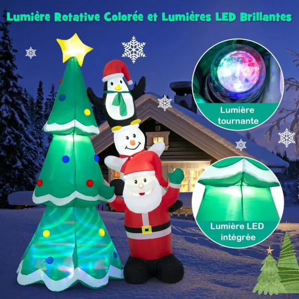 Décoration de Noël Gonflable Sapin de Noël 266cm avec Père Noël Bonhomme de Neige et Pingouin Lumière Disco Multicolore