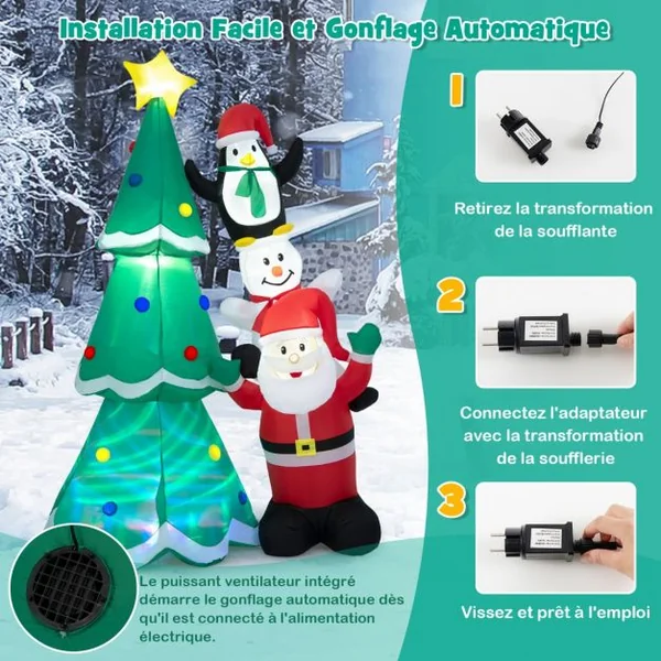 Décoration de Noël Gonflable Sapin de Noël 266cm avec Père Noël Bonhomme de Neige et Pingouin Lumière Disco Multicolore