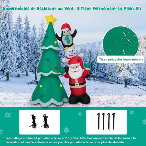 Décoration de Noël Gonflable Sapin de Noël 266cm avec Père Noël Bonhomme de Neige et Pingouin Lumière Disco Multicolore