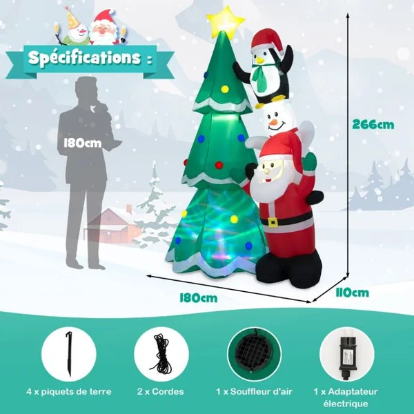Décoration de Noël Gonflable Sapin de Noël 266cm avec Père Noël Bonhomme de Neige et Pingouin Lumière Disco Multicolore