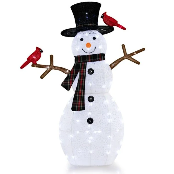 Décoration de Noël Illuminée 127 cm en Forme de Bonhomme de Neige avec des Oiseaux Rouges Pré-éclairé avec LED Blanc Froid Piquets de Noël