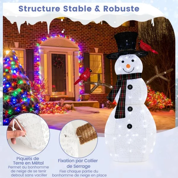 Décoration de Noël Illuminée 127 cm en Forme de Bonhomme de Neige avec des Oiseaux Rouges Pré-éclairé avec LED Blanc Froid Piquets de Noël