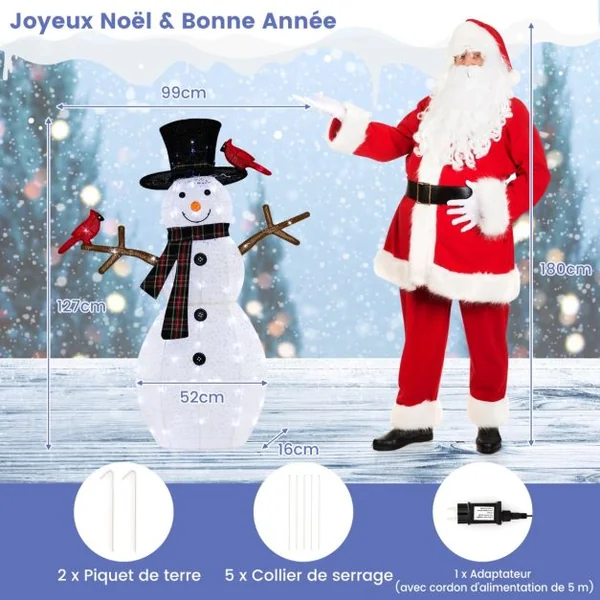 Décoration de Noël Illuminée 127 cm en Forme de Bonhomme de Neige avec des Oiseaux Rouges Pré-éclairé avec LED Blanc Froid Piquets de Noël
