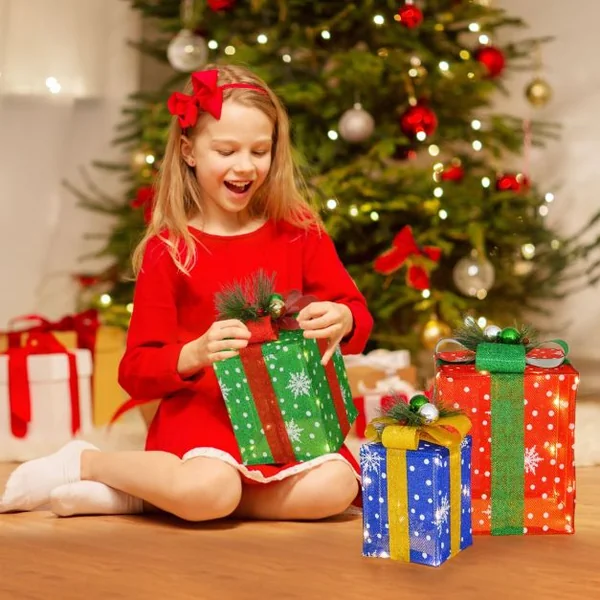 Décoration de Noël Paquet Cadeau de Noël 3 Pièces Paquet Cadeau Lumineux avec Boîtes Exquises avec 52 Lumières LED Pré-éclairées