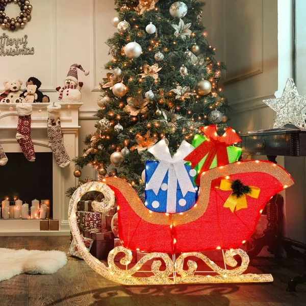 Décoration de Noël Traîneau 2D de 123 cm de Long Traîneau du Père Noël Éclairé 94 Lumières LED Chaudes et Lumineuses Pré-éclairées Piquets de Sol