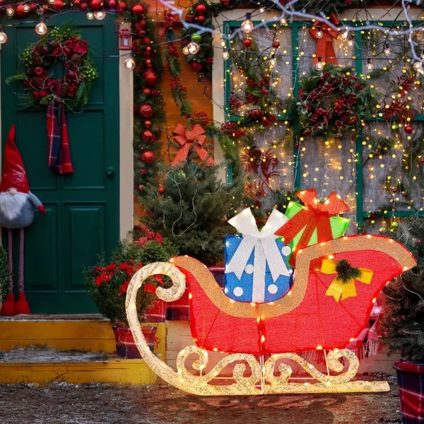 Décoration de Noël Traîneau 2D de 123 cm de Long Traîneau du Père Noël Éclairé 94 Lumières LED Chaudes et Lumineuses Pré-éclairées Piquets de Sol