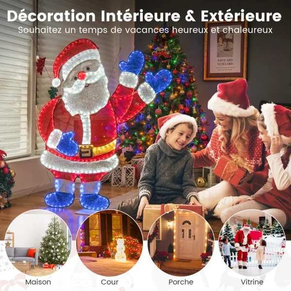Décoration de Noël Éclairée de Père Noël Figurine de Père Noël de 125 cm avec Bras Mobiles 6 Modes d'Éclairage 381 Lumières LED Intérieure/Extérieure