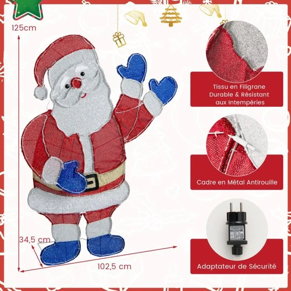 Décoration de Noël Éclairée de Père Noël Figurine de Père Noël de 125 cm avec Bras Mobiles 6 Modes d'Éclairage 381 Lumières LED Intérieure/Extérieure