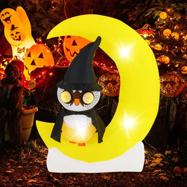 Décoration d'Halloween Eclairée par LED Hibou Gonflable sur Lune 130 x 155 cm avec Piquets et Sacs de Sable pour Cour Jardin Jaune