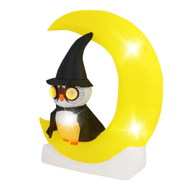 Décoration d'Halloween Eclairée par LED Hibou Gonflable sur Lune 130 x 155 cm avec Piquets et Sacs de Sable pour Cour Jardin Jaune