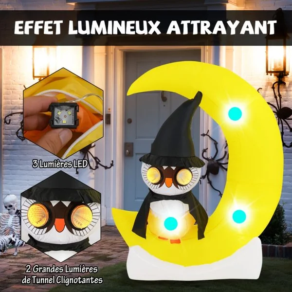 Décoration d'Halloween Eclairée par LED Hibou Gonflable sur Lune 130 x 155 cm avec Piquets et Sacs de Sable pour Cour Jardin Jaune