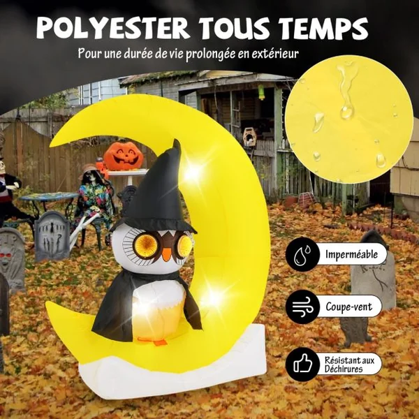 Décoration d'Halloween Eclairée par LED Hibou Gonflable sur Lune 130 x 155 cm avec Piquets et Sacs de Sable pour Cour Jardin Jaune