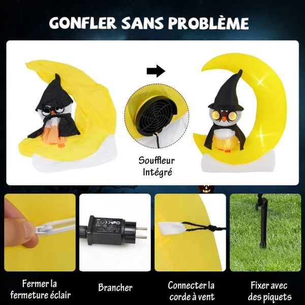 Décoration d'Halloween Eclairée par LED Hibou Gonflable sur Lune 130 x 155 cm avec Piquets et Sacs de Sable pour Cour Jardin Jaune