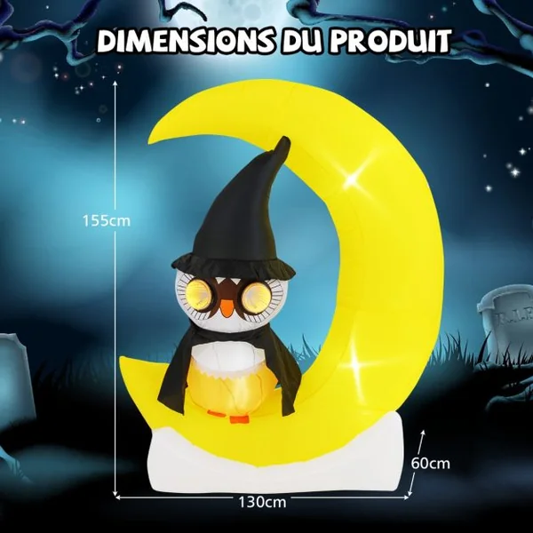 Décoration d'Halloween Eclairée par LED Hibou Gonflable sur Lune 130 x 155 cm avec Piquets et Sacs de Sable pour Cour Jardin Jaune