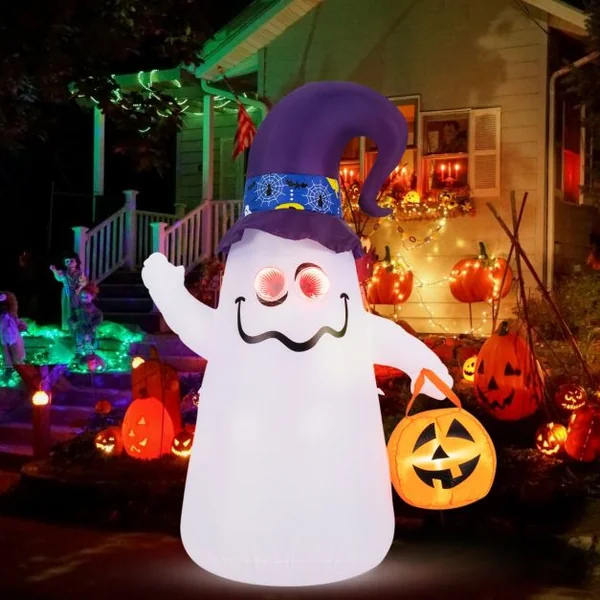 Décoration d’Halloween Gonflable 180cm Fantôme Mignon avec Lanterne Citrouille Chapeau de Sorcier 5 Lumières LED à Intensité Variable Blanc