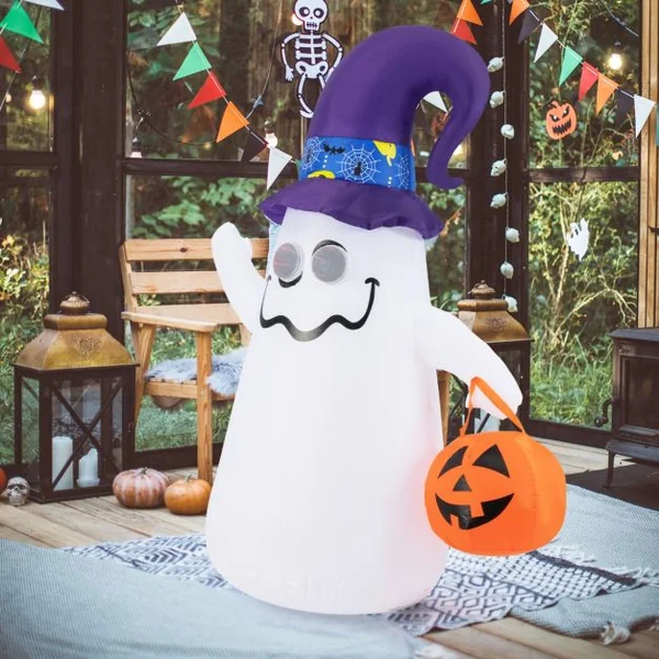 Décoration d’Halloween Gonflable 180cm Fantôme Mignon avec Lanterne Citrouille Chapeau de Sorcier 5 Lumières LED à Intensité Variable Blanc