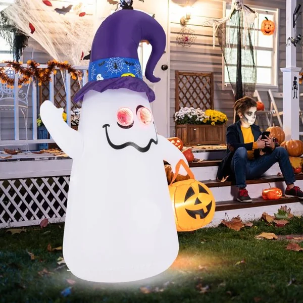 Décoration d’Halloween Gonflable 180cm Fantôme Mignon avec Lanterne Citrouille Chapeau de Sorcier 5 Lumières LED à Intensité Variable Blanc