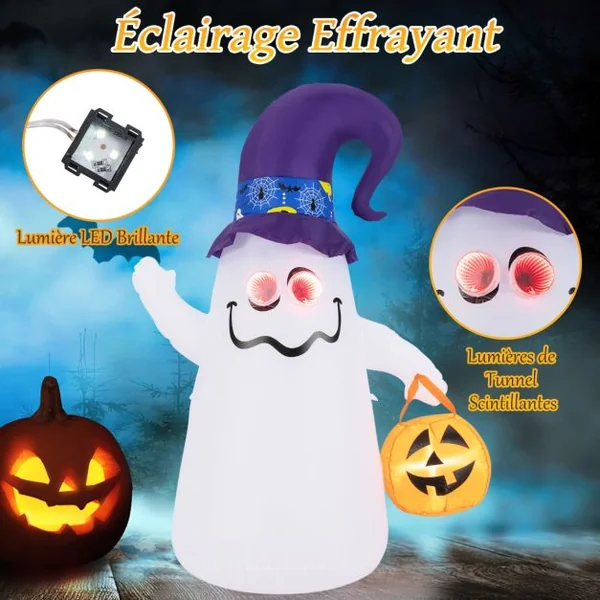 Décoration d’Halloween Gonflable 180cm Fantôme Mignon avec Lanterne Citrouille Chapeau de Sorcier 5 Lumières LED à Intensité Variable Blanc