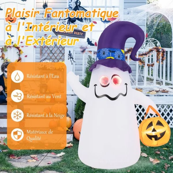 Décoration d’Halloween Gonflable 180cm Fantôme Mignon avec Lanterne Citrouille Chapeau de Sorcier 5 Lumières LED à Intensité Variable Blanc