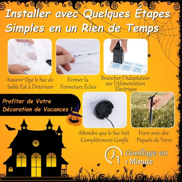 Décoration d’Halloween Gonflable 180cm Fantôme Mignon avec Lanterne Citrouille Chapeau de Sorcier 5 Lumières LED à Intensité Variable Blanc