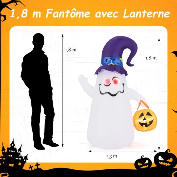 Décoration d’Halloween Gonflable 180cm Fantôme Mignon avec Lanterne Citrouille Chapeau de Sorcier 5 Lumières LED à Intensité Variable Blanc