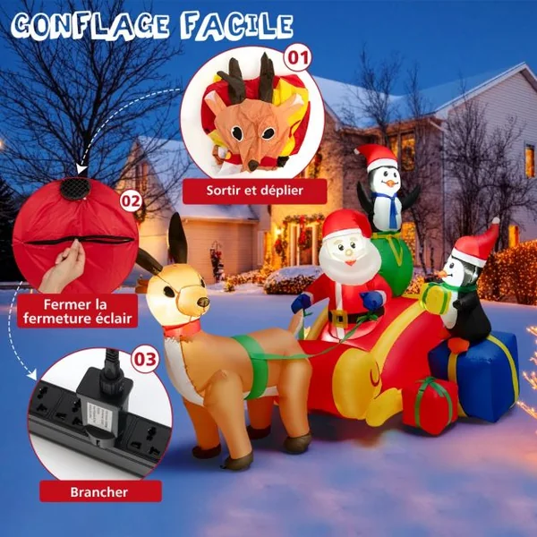 Décoration Gonflable de Noël 180cm de Père Noël et de Rennes en Traîneau Lumières LED pour Fête d'Intérieur/Extérieur