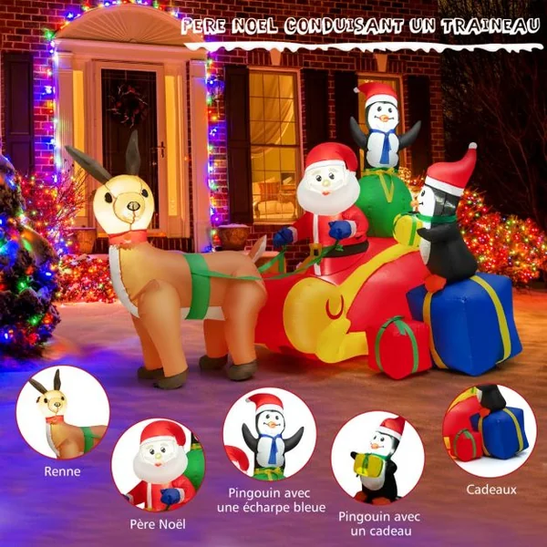 Décoration Gonflable de Noël 180cm de Père Noël et de Rennes en Traîneau Lumières LED pour Fête d'Intérieur/Extérieur