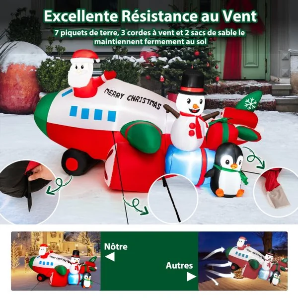 Décoration Gonflable de Noël 280cm de Long - Père Noël Gonflable en Hélicoptère - Bonhomme de Neige Pingouin Boîte-Cadeau