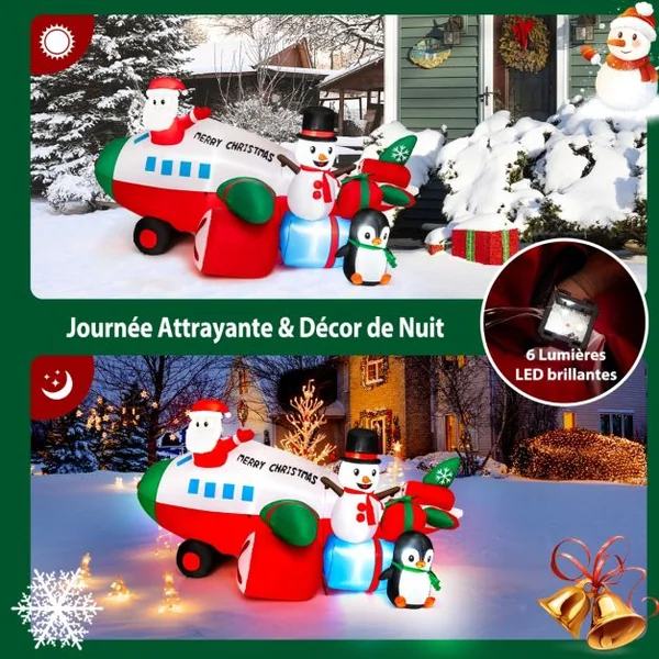 Décoration Gonflable de Noël 280cm de Long - Père Noël Gonflable en Hélicoptère - Bonhomme de Neige Pingouin Boîte-Cadeau