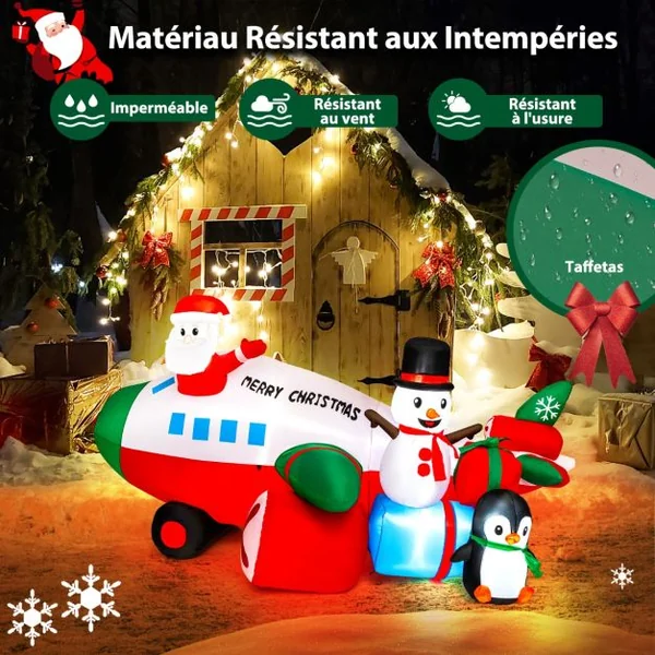 Décoration Gonflable de Noël 280cm de Long - Père Noël Gonflable en Hélicoptère - Bonhomme de Neige Pingouin Boîte-Cadeau