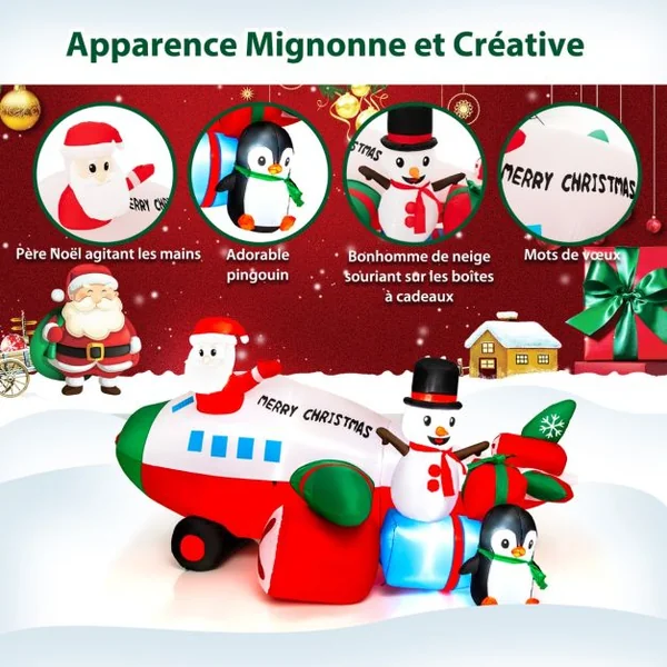 Décoration Gonflable de Noël 280cm de Long - Père Noël Gonflable en Hélicoptère - Bonhomme de Neige Pingouin Boîte-Cadeau