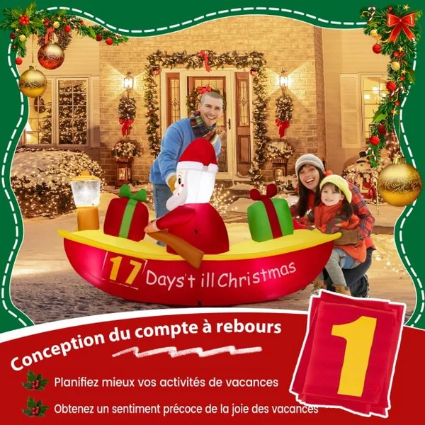 Décoration Gonflable de Noël Bateau à Rames et Père Noël Long de 210 cm Décoration de Noël avec LED et Souffleur d'Air