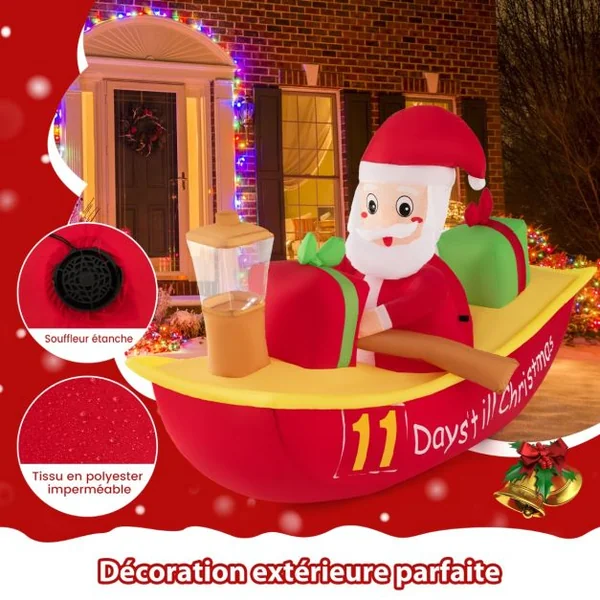 Décoration Gonflable de Noël Bateau à Rames et Père Noël Long de 210 cm Décoration de Noël avec LED et Souffleur d'Air