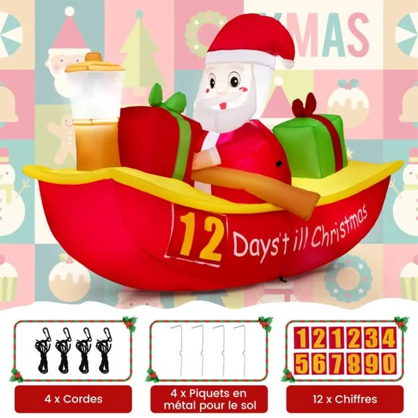 Décoration Gonflable de Noël Bateau à Rames et Père Noël Long de 210 cm Décoration de Noël avec LED et Souffleur d'Air