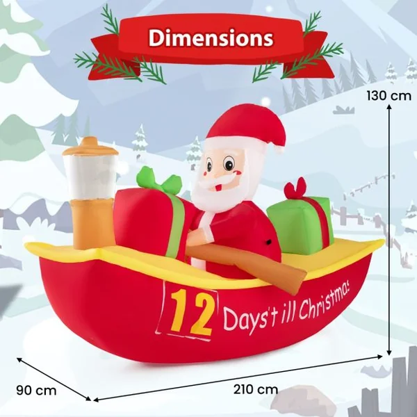 Décoration Gonflable de Noël Bateau à Rames et Père Noël Long de 210 cm Décoration de Noël avec LED et Souffleur d'Air