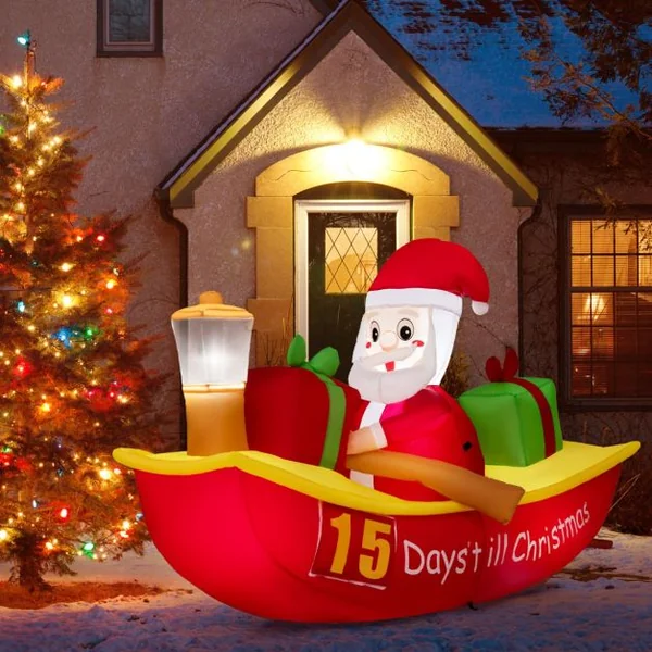 Décoration Gonflable de Noël Bateau à Rames et Père Noël Long de 210 cm Décoration de Noël avec LED et Souffleur d'Air