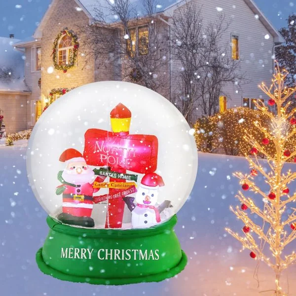 Décoration Gonflable de Noël Boule à Neige de 126 cm Décoration Père Noël avec LED et Souffleur d'Air Bonhomme de Neige et Panneau de Signalisation