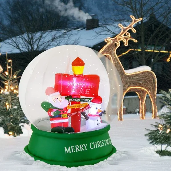 Décoration Gonflable de Noël Boule à Neige de 126 cm Décoration Père Noël avec LED et Souffleur d'Air Bonhomme de Neige et Panneau de Signalisation