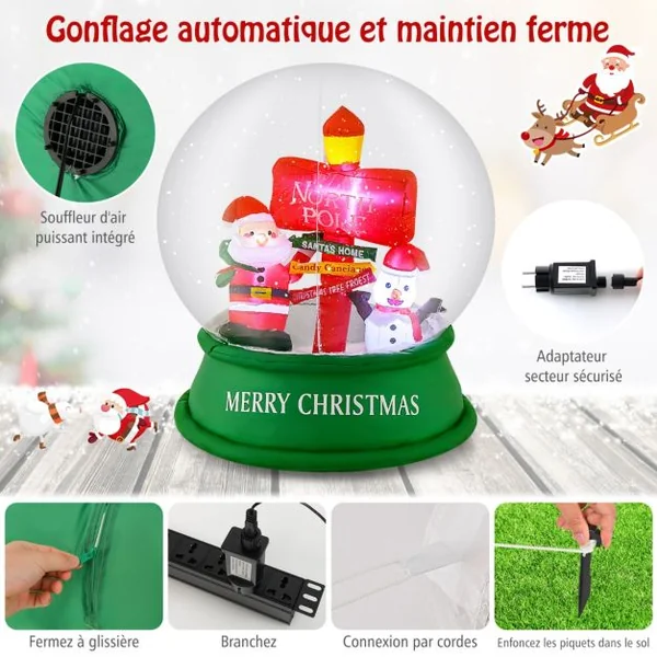 Décoration Gonflable de Noël Boule à Neige de 126 cm Décoration Père Noël avec LED et Souffleur d'Air Bonhomme de Neige et Panneau de Signalisation
