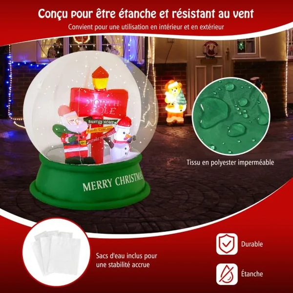 Décoration Gonflable de Noël Boule à Neige de 126 cm Décoration Père Noël avec LED et Souffleur d'Air Bonhomme de Neige et Panneau de Signalisation