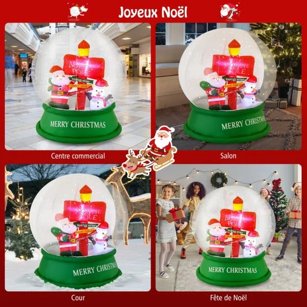 Décoration Gonflable de Noël Boule à Neige de 126 cm Décoration Père Noël avec LED et Souffleur d'Air Bonhomme de Neige et Panneau de Signalisation