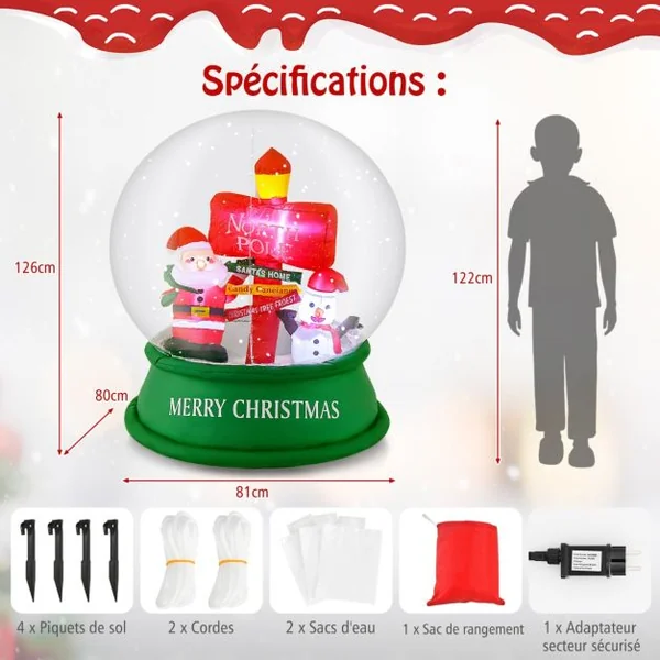 Décoration Gonflable de Noël Boule à Neige de 126 cm Décoration Père Noël avec LED et Souffleur d'Air Bonhomme de Neige et Panneau de Signalisation