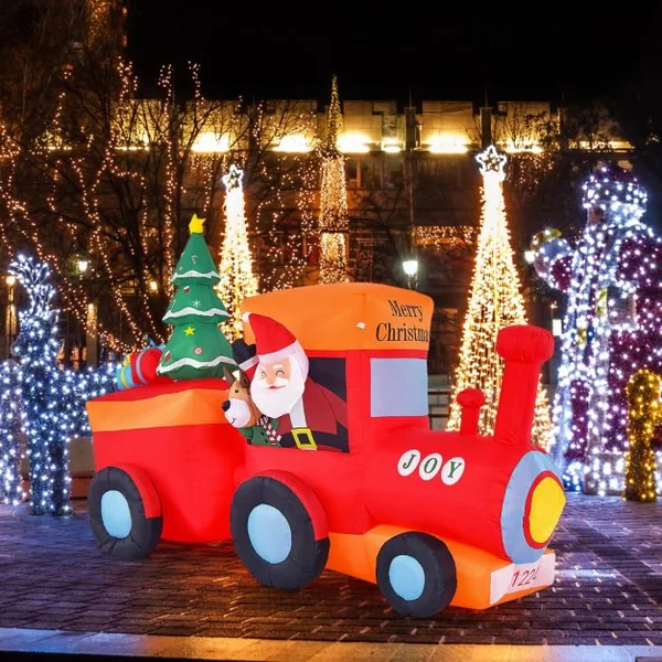 Décoration Gonflable de Noël Train et Père Noël Long 260 cm Décoration de Noël avec LED et Souffleur d'Air Intégré Cerf Arbre de Noël avec Sac de Rangement