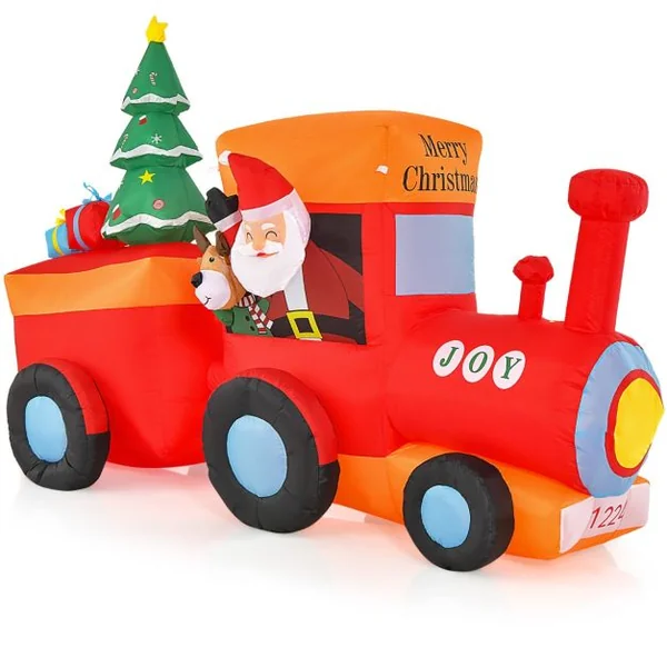 Décoration Gonflable de Noël Train et Père Noël Long 260 cm Décoration de Noël avec LED et Souffleur d'Air Intégré Cerf Arbre de Noël avec Sac de Rangement