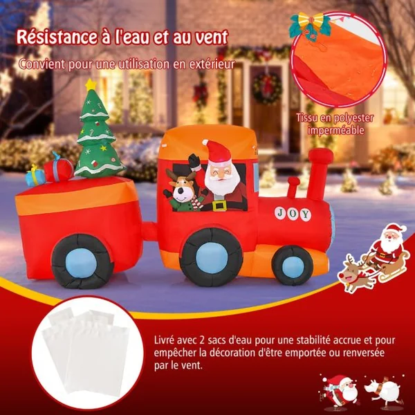 Décoration Gonflable de Noël Train et Père Noël Long 260 cm Décoration de Noël avec LED et Souffleur d'Air Intégré Cerf Arbre de Noël avec Sac de Rangement