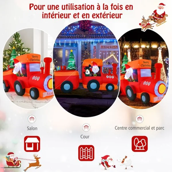 Décoration Gonflable de Noël Train et Père Noël Long 260 cm Décoration de Noël avec LED et Souffleur d'Air Intégré Cerf Arbre de Noël avec Sac de Rangement