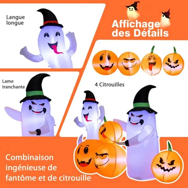 Décoration Gonflable d'Halloween de 170 cm de Long avec 6 Lumières LED Intégrées Gonfleur Puissant