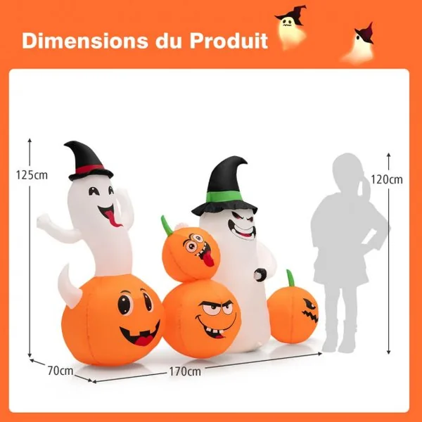 Décoration Gonflable d'Halloween de 170 cm de Long avec 6 Lumières LED Intégrées Gonfleur Puissant
