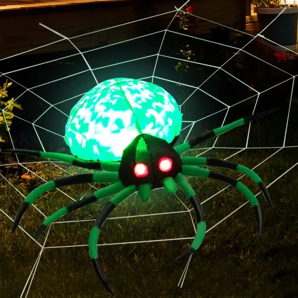 Décoration Halloween Araignée Effrayante Gonflable avec Toile d'Araignée 2 Lumières LED Yeux Rouges Lampe Rotative Etanche